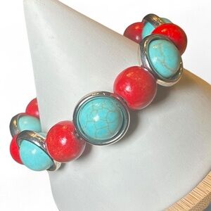 Vintage Turquoise and Red Coral Beaded Bracelet
